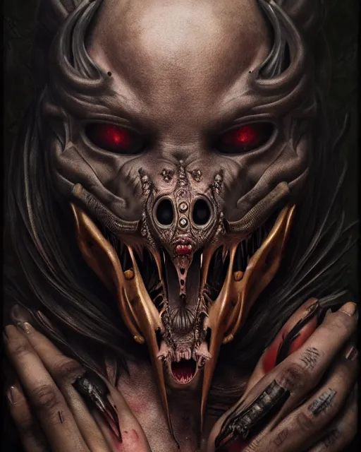 Image similar to ultra realistic, predator, male, fangs, goth, tattoos, leather, fantasy, flesh, bone, body horror, intricate details, eerie, highly detailed, octane render, 8 k, art by artgerm and alphonse mucha and greg rutkowski