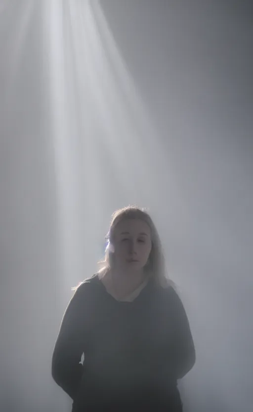 Image similar to sunlight study photography of emily skinner, looking like annie leonhart, standing next to a window illuminating her with god rays, volumetric fog, smoke, depth of field