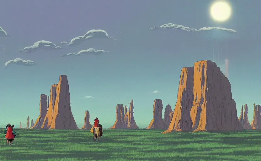 Image similar to a realistic cell - shaded studio ghibli concept art from paprika ( 2 0 0 6 ) of a flying multi - colored rocketship from close encounters of the third kind ( 1 9 7 7 ) in a flooded monument valley stonehenge jungle with giant trees on a misty starry night. a camel caravan is in the foreground. very dull colors, portal, hd, 4 k, hq
