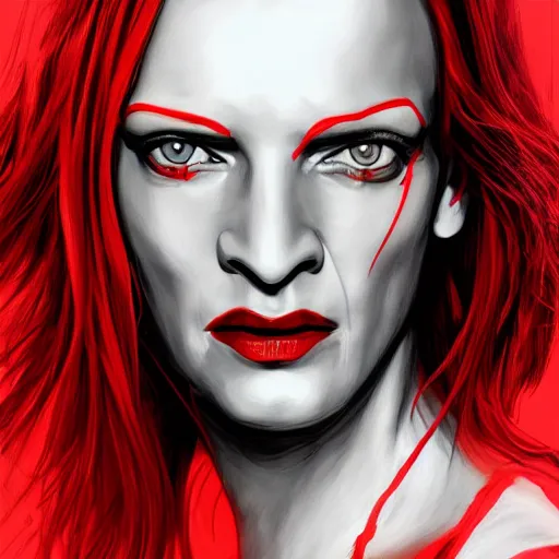 Image similar to uma thurman in killl bill, red and white neon, concept art, intricate details, highly professionally detailed, cgsociety, highly detailed -