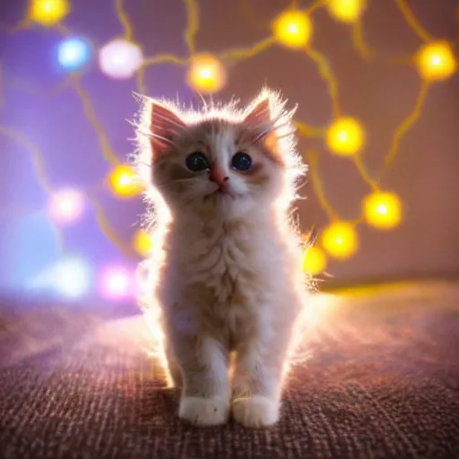 Image similar to Photo of a cute very, very, extra, fluffy kitten playing with bokeh's of light. Whimsical. Magical.