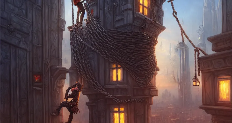 Image similar to landscape painting of a hooded thief in leathers using a rope to climb a tall metal steampunk buildings within a fantasy city which has walkways and lit windows, fine details, magali villeneuve, artgerm, rutkowski