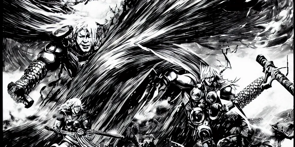 Image similar to thor with blond hair catches lightning and holds an ax in an epic battle with storm clouds with faces monsters by tsutomu nihei, black and white, epic battle background, comic, cinematic