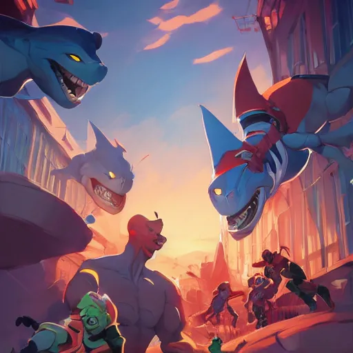 Image similar to hero world street sharks, behance hd by jesper ejsing, by rhads, makoto shinkai and lois van baarle, ilya kuvshinov, rossdraws global illumination