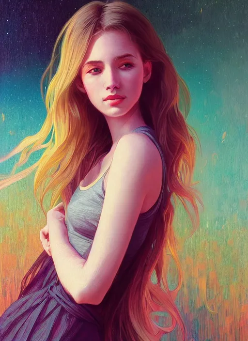 Image similar to handsome young women with shoulder length blonde hair, half body shot, path traced, highly detailed, high quality, digital painting, alena aenami, lilia alvarado, shinji aramaki, karol bak, alphonse mucha, tom bagshaw