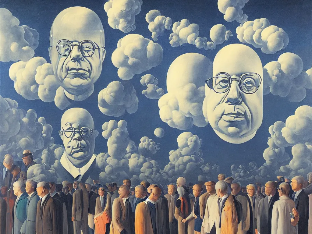 Image similar to the giant head of stanislaw lem is hovering above the futurological congress, painted by james jean and rene magritte