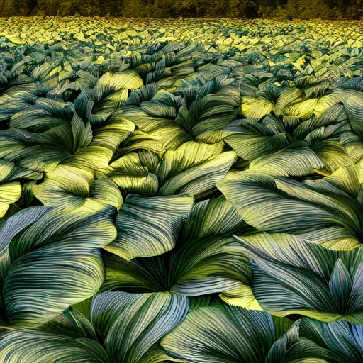 Prompt: photorealistic matte painting field of hostas, monsteras, diefenbachias at sunset, vibrant