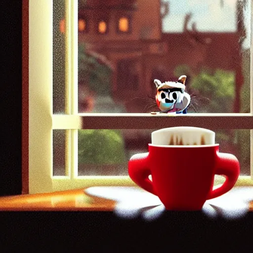 Image similar to a cute cat with big eyes looking at a cup of coffee in beautiful morning at a house window. Pixar Disney 4K 3d render funny animation movie Oscar winning trending on ArtStation and Behance. Ratatouille style.