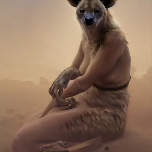 Image similar to portrait of a hyena girl, furry body, fluffy neck, large ears, intricate, elegant, highly detailed, digital painting, artstation, concept art, smooth, sharp focus, illustration, art by artgerm and greg rutkowski and alphonse mucha and william - adolphe bouguereau