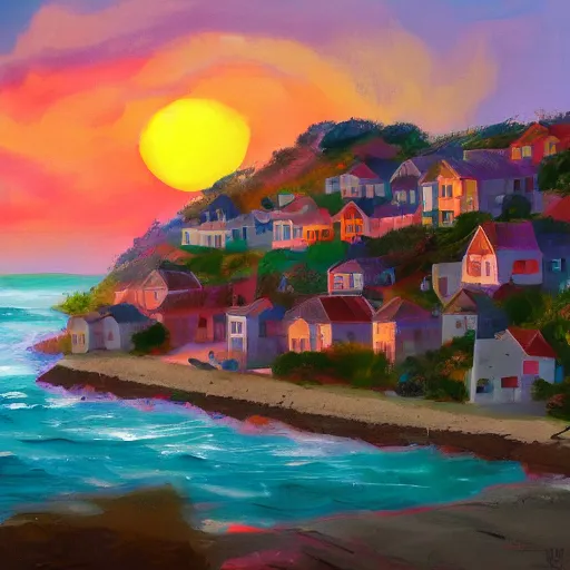 Image similar to sunset on a village by the sea, colorful, trending on artstation