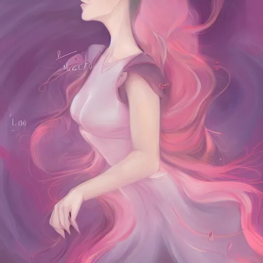 Image similar to digital painting, full body portrait, dynamic poses, anime face, joyful, epic, flowing dress, smooth, enigmatic, woman, pink and grey clouds, glowing flowing hair, by lois van baarle, by loish, sharp, trending on artstatio