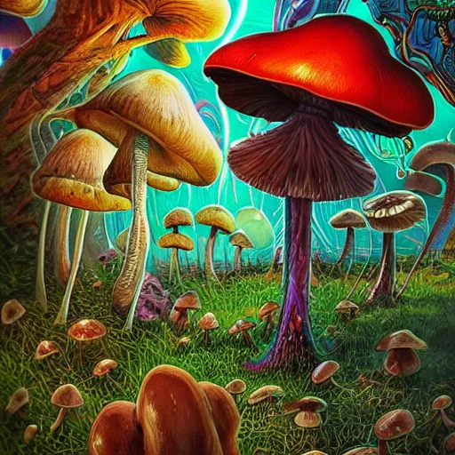 Image similar to 4 k headshot portrait of a psychedelic demonic anthropomorphic praying mantis with mushroom themed clothes, magic mushroom village in background by jeff easley, award winning, stylized neon, post - processing, masterpiece, superb resolution. in the art style of junji ito and greg rutkowski. detailed mushroom city in background. hyper realistic anime. perfect art. dalle 2