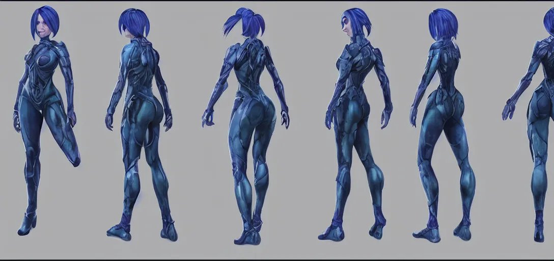 Image similar to character sheet concept art of cortana, realistic, hyper realistic, photographic