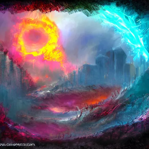 Image similar to colorful portal to another realm, apocalyptic fantasy, mmo, digital art