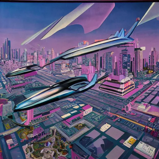 Prompt: flying cars, megacity. Painting by Wyndham Lewis. vaporwave, intricate, hyperrealistic, ultra fine detail, ultra high resolution, fine texture detail, cinematic, 8k, photorealistic, epic photo, trending on artstation