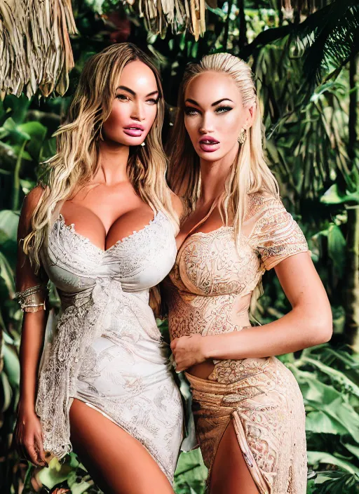 Image similar to portrait of lindsey pelas and megan fox wearing kebaya in bali, by charlotte grimm, natural light, detailed face, canon eos c 3 0 0, ƒ 1. 8, 3 5 mm, 8 k, medium - format print, half body shot