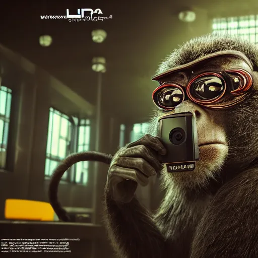 Image similar to Photography of ultra mega super hyper realistic detailed monkey by Hiromasa Ogura wearing cyberpunk style suit . Photo full lenght view on Leica Q2 Camera, Rendered in VRAY and DaVinci Resolve and MAXWELL and LUMION 3D, Volumetric natural light. Wearing cyberpunk suit with many details by Hiromasa Ogura .Rendered in VRAY and DaVinci Resolve and MAXWELL and LUMION 3D, Volumetric natural light