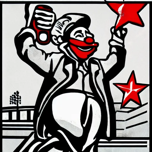 Image similar to communist clown, propaganda art style