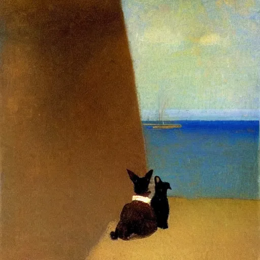 Image similar to a woman and her black and brown chihuahua looking out to sea by odilon redon