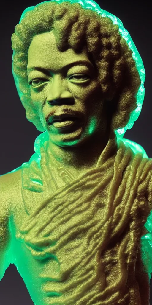 Image similar to detailed photo of a jade translucent statue of most a jimi hendrix, full body portrait, glowing in the dark, photorealism, intricate detail, museum diffuse lighting