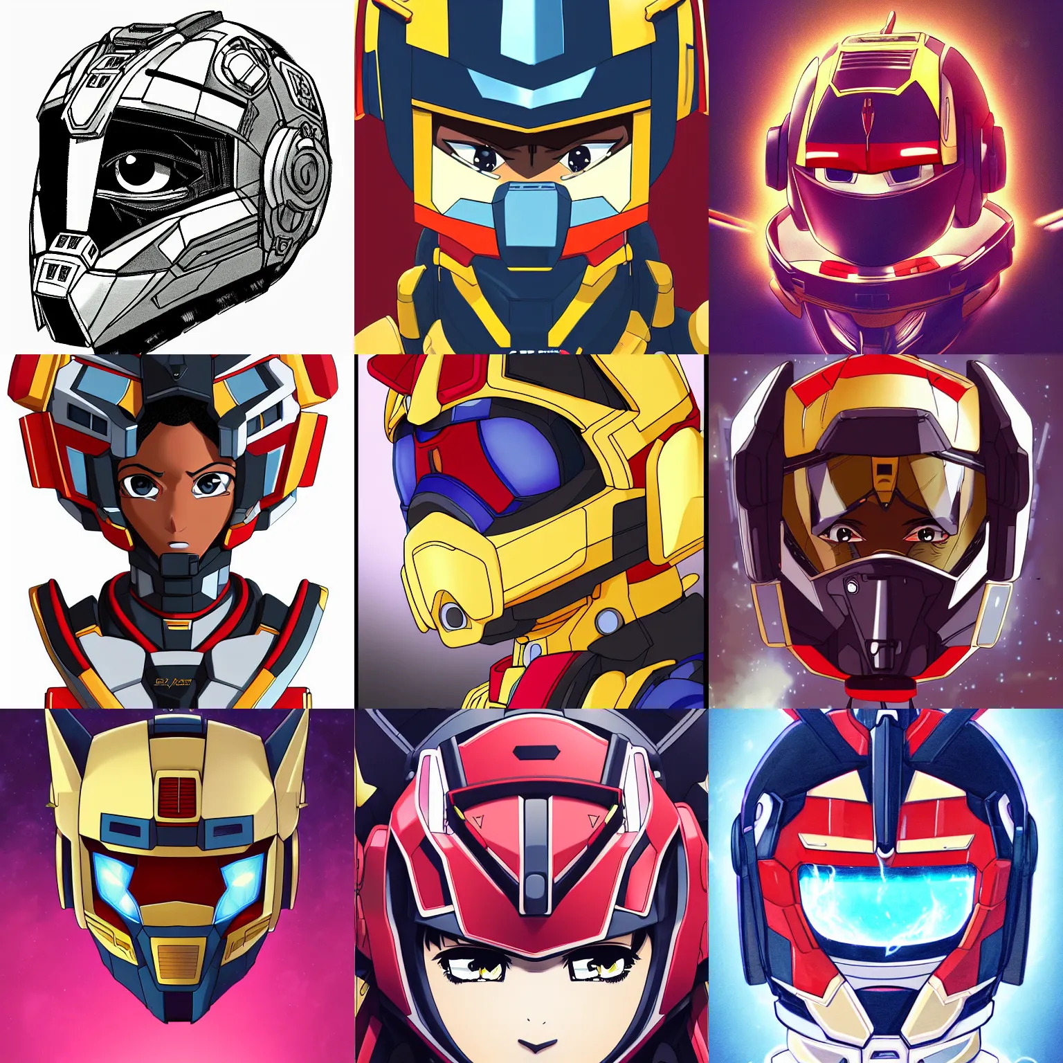 Prompt: anime portrait illustration of a 👧🏿 gundam pilot in an intricate lion - shaped voltron helmet, hiphop urban inspired, symmetrical proportions, symmetrical perfect facial features, cinematic lighting, hd, 3 2 k, octane, unreal engine, in the style of go teen titans and disney's pixar and voltron, by denys cowan and dwayne mcduffie