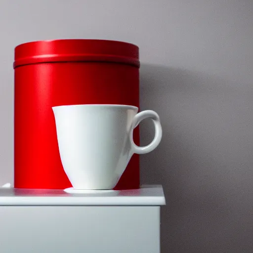 Image similar to an ultra high definition professional studio quality photograph of a red cup on a white plinth in an empty white room. dramatic lighting, shallow d. o. f, colour corrected, three point light.