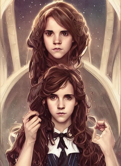 Image similar to hermione! granger! at hogwarts!! at the yule ball by emma watson. beautiful detailed face. by artgerm and greg rutkowski and alphonse mucha