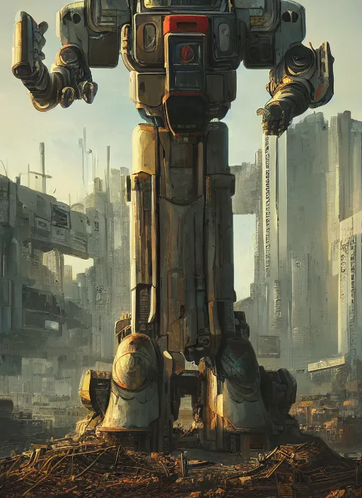 Image similar to a painting of a giant robot standing in front of a post apocalyptic city ruins, cyberpunk art by mike winkelmann, behance contest winner, nuclear art, dystopian art, apocalypse art, sci - fi