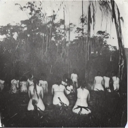 Image similar to a group of people in a witchcraft ritual on an abandoned mad house in the Colombian jungle, mist, 1910 polaroid photography, grainy film, Black and white