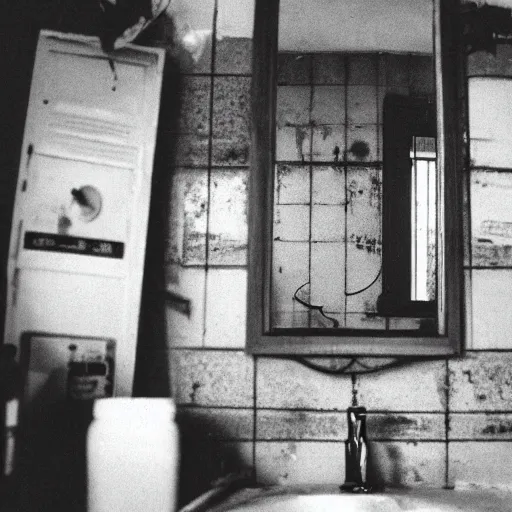 Image similar to a wide angle 3 5 mm film photography of a dirty cluttered bathroom somewhere in eastern europe, evocating a feeling of unease and claustrophobia