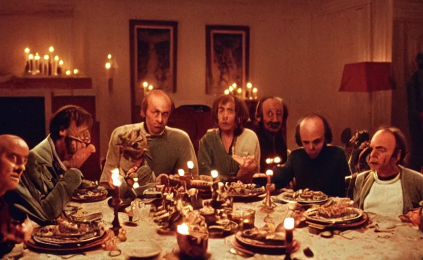 Prompt: Aliens sitting around a big dinner table with candles in the shining by stanley kubrick, shot by 35mm film color photography