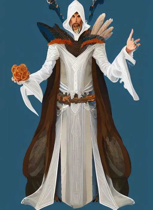 Prompt: male warlock with the head of a hawk, wind magic, blue robes, exquisite details, full body character design, white background, by studio muti