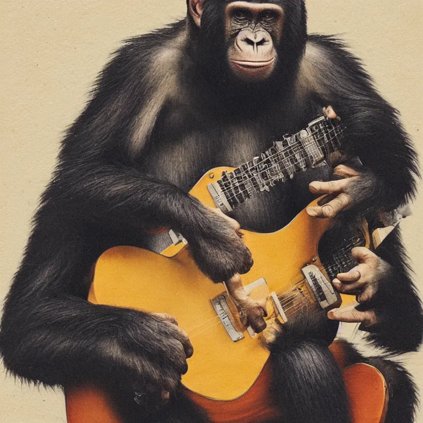 Image similar to portrait of an ape playing a guitar, polaroid