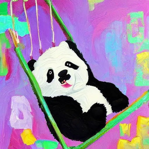 Image similar to beautiful and adorable and cute acrylic! impasto! painting of a sad, crying panda bear on a playground swing. by jeremiah ketner and studio ghibli