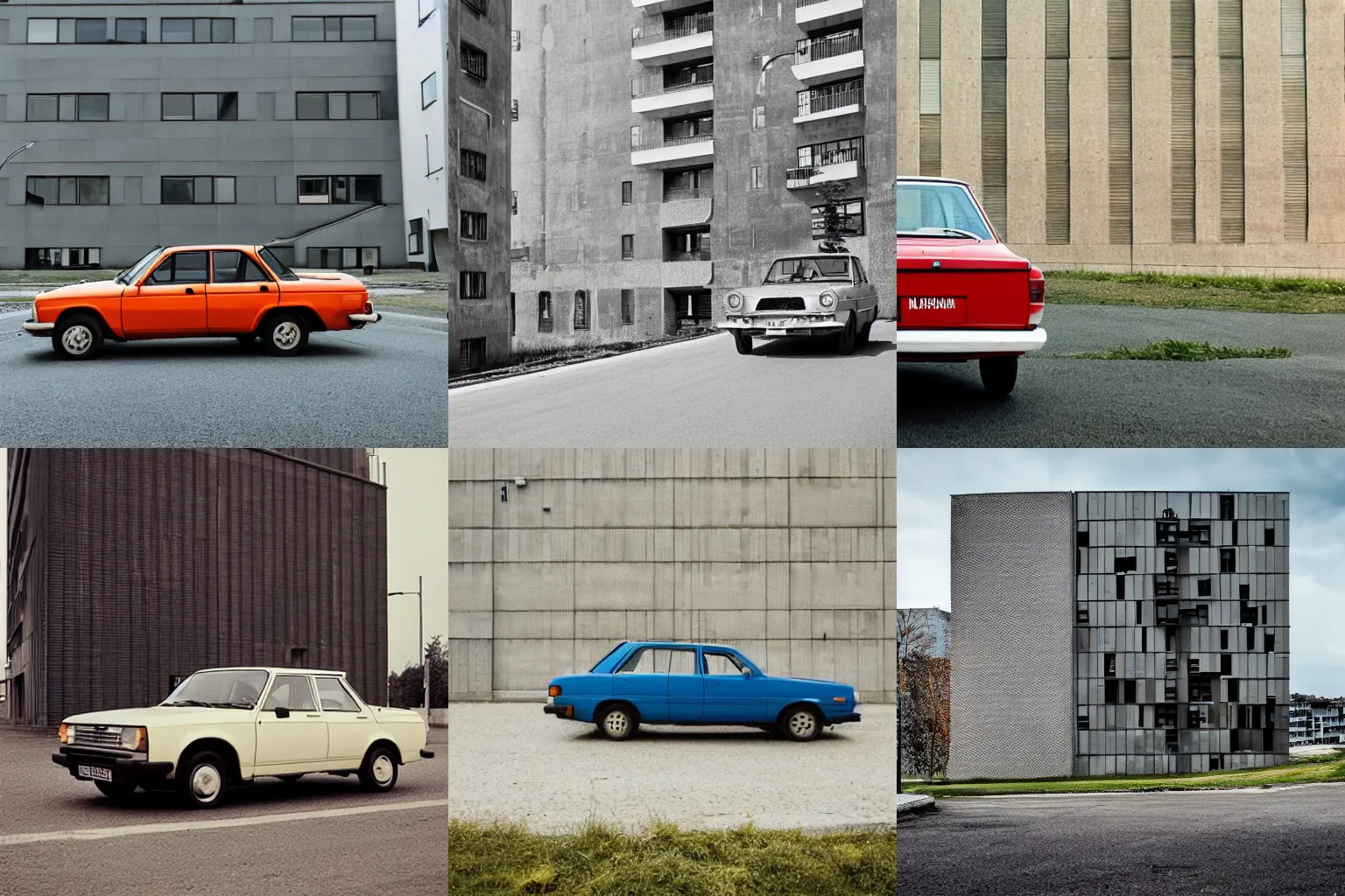 Prompt: Lada 2101, Plattenbau at background