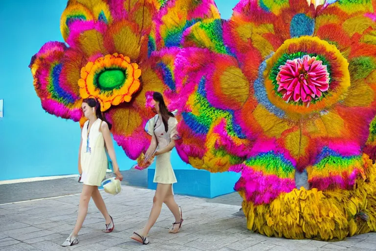 Image similar to giant flower head, girl walking in hotel, surreal, symmetry, flat space, fanciful, colourful, detailed, wes anderson