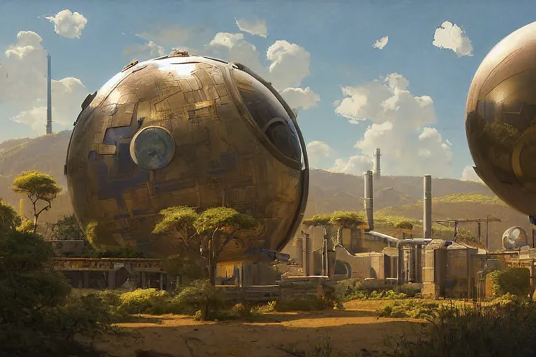 Image similar to a beautiful science fiction factory with a spherical design by starwars and army on a hill in the french countryside during spring season, highly detailed painting by studio ghibli hd and louis remy mignot, leyendecker, craig mullins, nice afternoon lighting, smooth tiny details, soft and clear shadows, low contrast, perfect