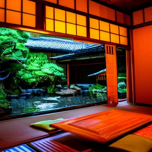 Prompt: inside a dimly lit cozy dark wooden Japanese house with a indoor koi pond at night raining, bonsai trees, fireflies, wild flowers, raining, night time