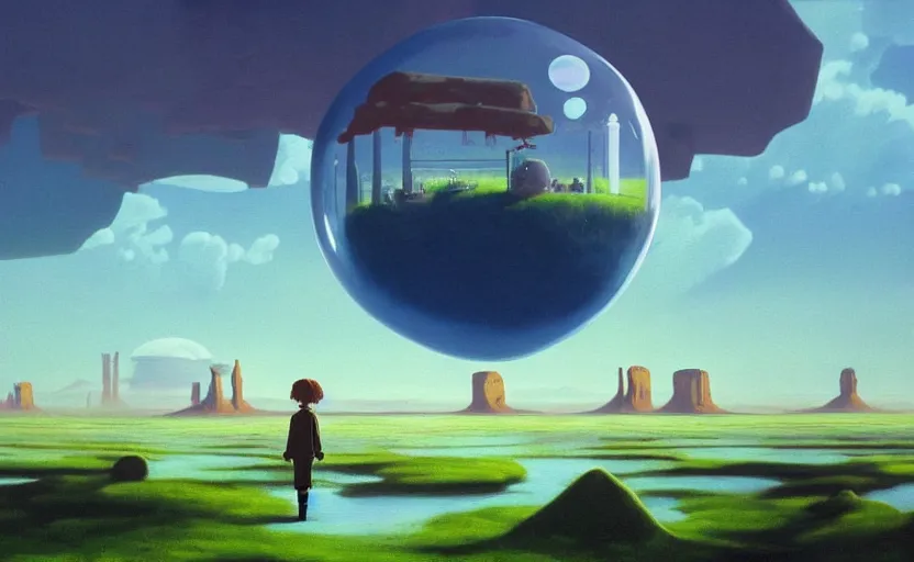 Prompt: hyperrealist painting of a cube inside a giant transparent bubble from howl's moving castle ( 2 0 0 4 ) in a flooded monument valley stonehenge jungle. 1 9 7 0 s science fiction, moody, misty, depth perception, 4 k, artstation, in the style of studio ghibli