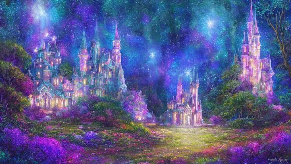 Prompt: a magical crystal castle made of light inspired by gilbert williams enveloped in trails of colorful lights around it. clean painting and auora lighting. dark blue and intense purple color palette, art by gilbert williams