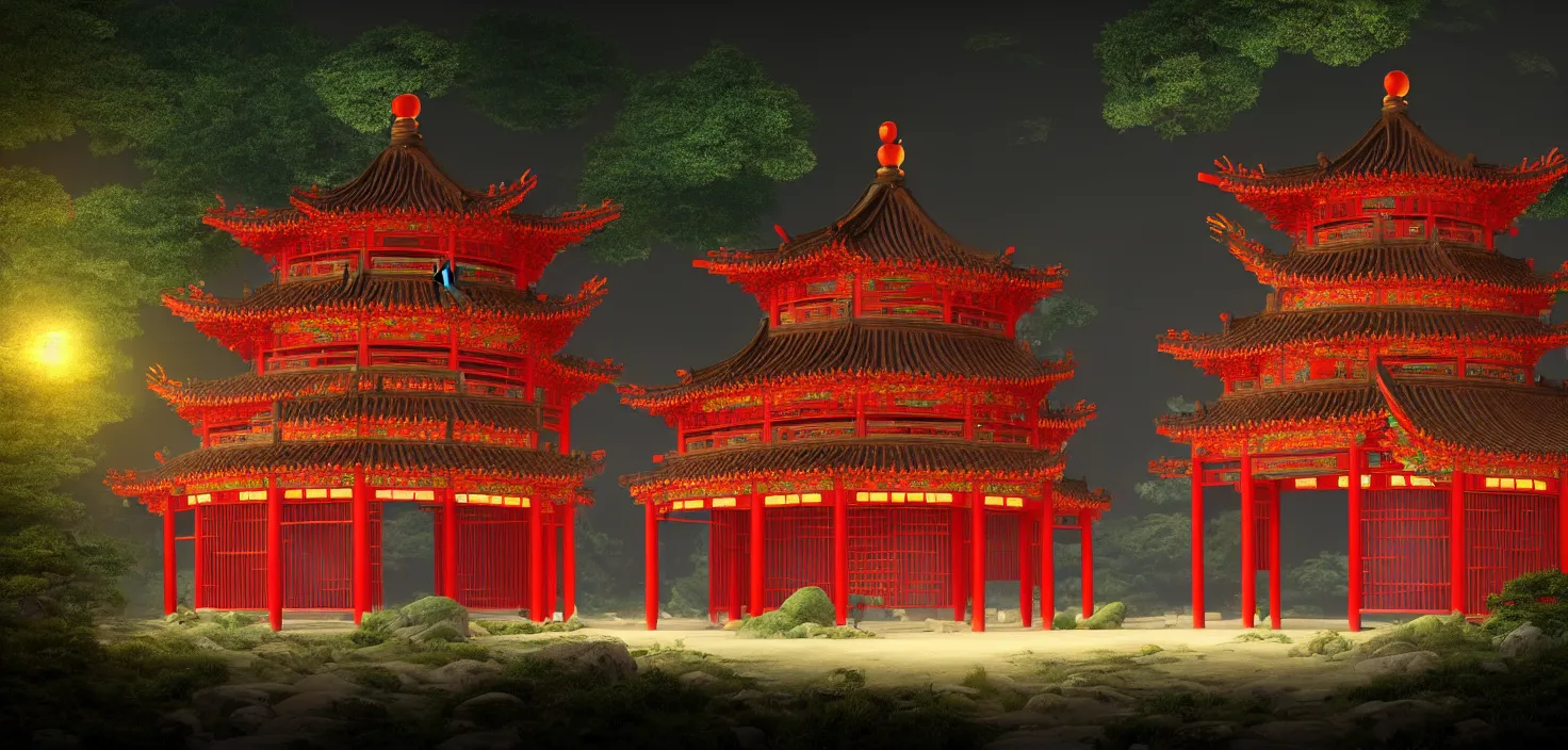 Image similar to a traditional chinese building in the forest at night, big round glowing multicoloured portal house, central symmetrical composition, incredible, vector art, octane render, fabulous, hyper detailed, random cinematic view, no noise, global illumination, warm lighting, volumetric, godrays, vivid, beautiful, by jordan grimmer