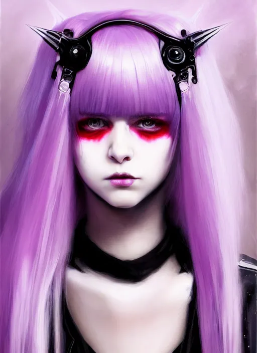 Image similar to portrait of white teenage girl, normal face, white bangs, mall goth, cyberlox, black and white hair, bangs, fluffy bangs, red contact lenses, purple lipstick, intricate, elegant, highly detailed, digital painting, artstation, concept art, sharp focus, smooth, illustration, art by wlop, mars ravelo and greg rutkowski