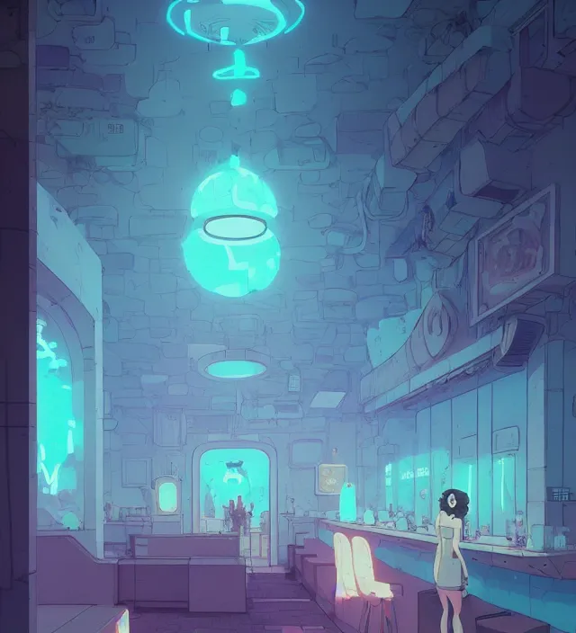 Prompt: vaporwave stone nightclub, naturel, art style by atey ghailan, greg rutkowski, greg tocchini, james gilleard, joe gb fenton, in kaethe butcher, dynamic lighting, gradient light blue, brown, blonde cream and white color in scheme, grunge aesthetic