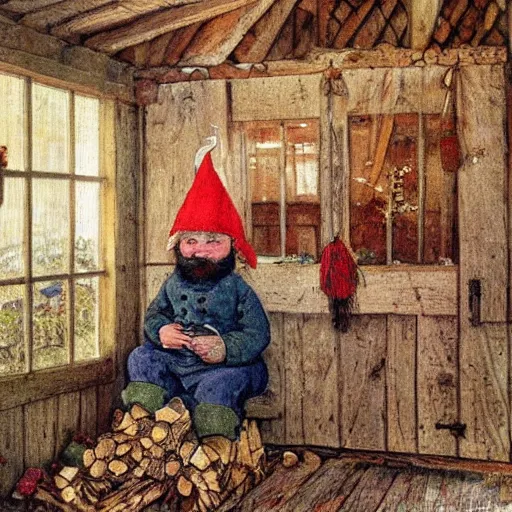 Image similar to oil painting of scandinavian gnome in barn, winter clothes, very very very very very beautiful art, american romanticism by carl larsson, firewood and hay, masterpiece, realistic and detailed