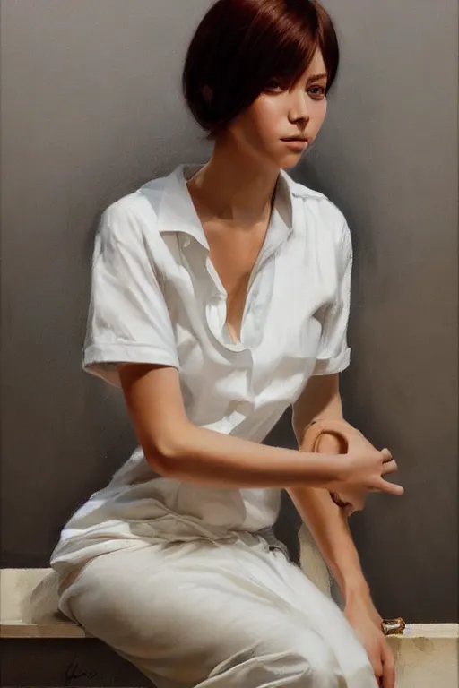 Image similar to a ultradetailed beautiful portrait panting of a stylish woman sitting in a bath, she is wearing a white shirt with a tie, oil painting, by ilya kuvshinov, greg rutkowski and makoto shinkai