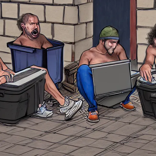 Image similar to a group of realistic bums using laptops near trashcans, angry, highly detailed, intricate, sharp focus, digital art, 8 k