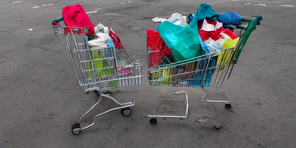 Prompt: a homeless person's shopping cart filled with dirty belongings, photorealistic