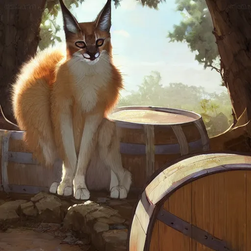 Image similar to a digital art of cute fluffy caracal near a wooden barrel lying at the side, at after noon, ancient greek city, by krenz cushart and mucha and akihito yoshida and greg rutkowski and makoto shinkai, long shot, back lighting, detailed eyes, 4 k resolution, trending on art station