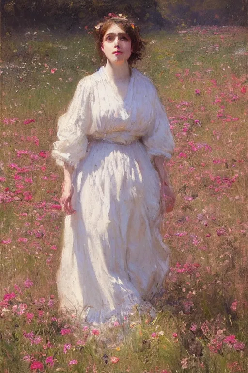 Image similar to Richard Schmid and Jeremy Lipking full length portrait painting of a young beautiful edwardian girl walking through a field of flowers