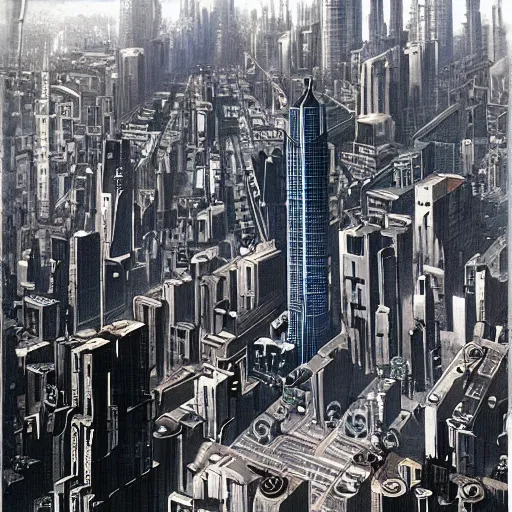 Image similar to epic architecture cyberpunk city landscape, designed by buckminster fuller and nikola tesla